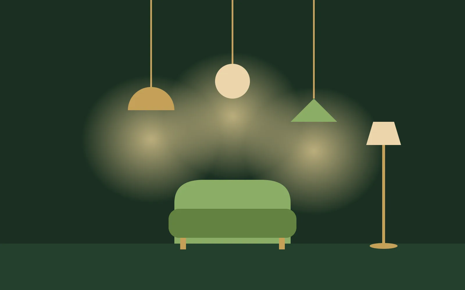Ilustracja trzech lamp wiszących świecących nad fotelem