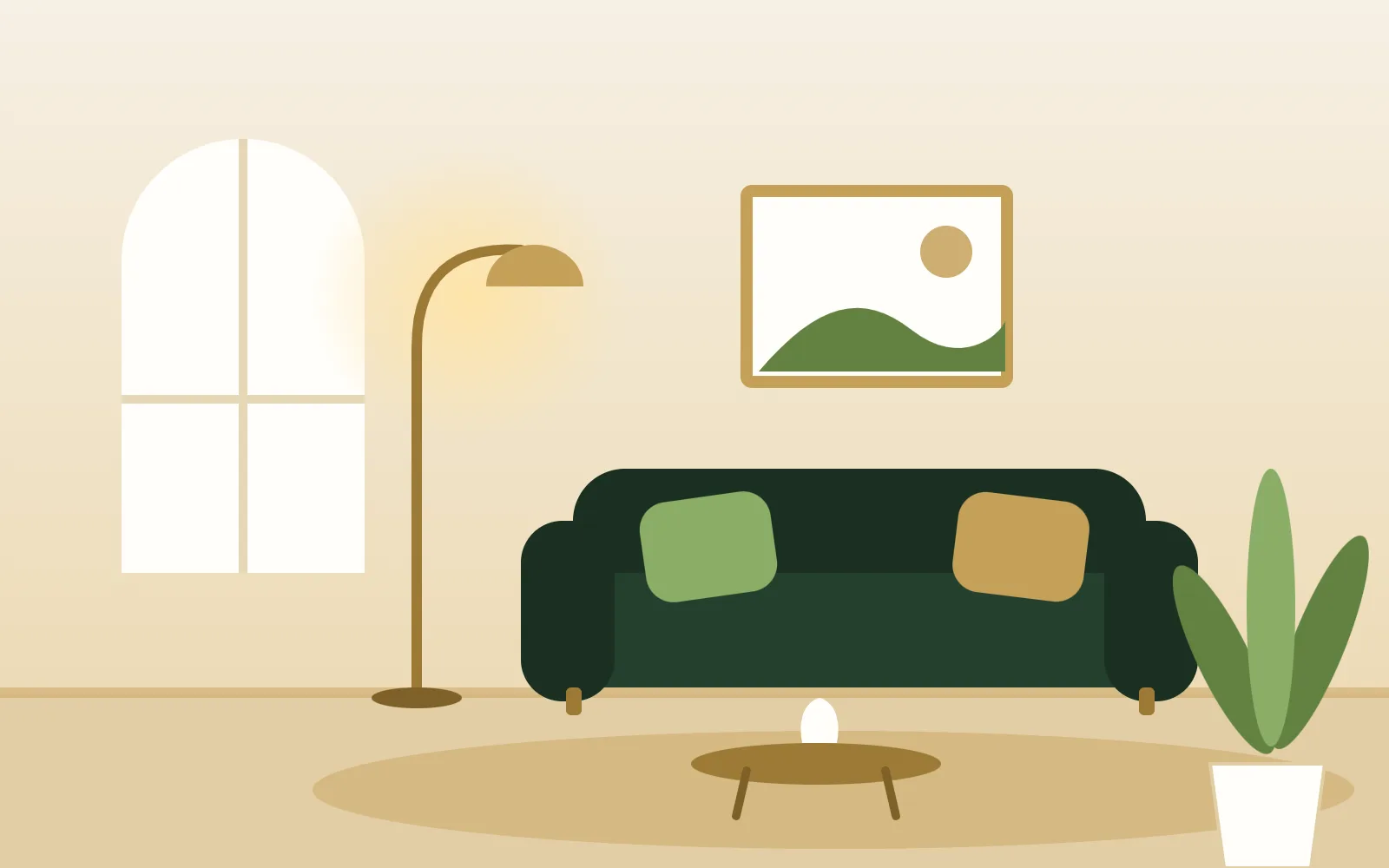 Ilustracja salonu z zieloną sofą, lampą podłogową i dywanem
