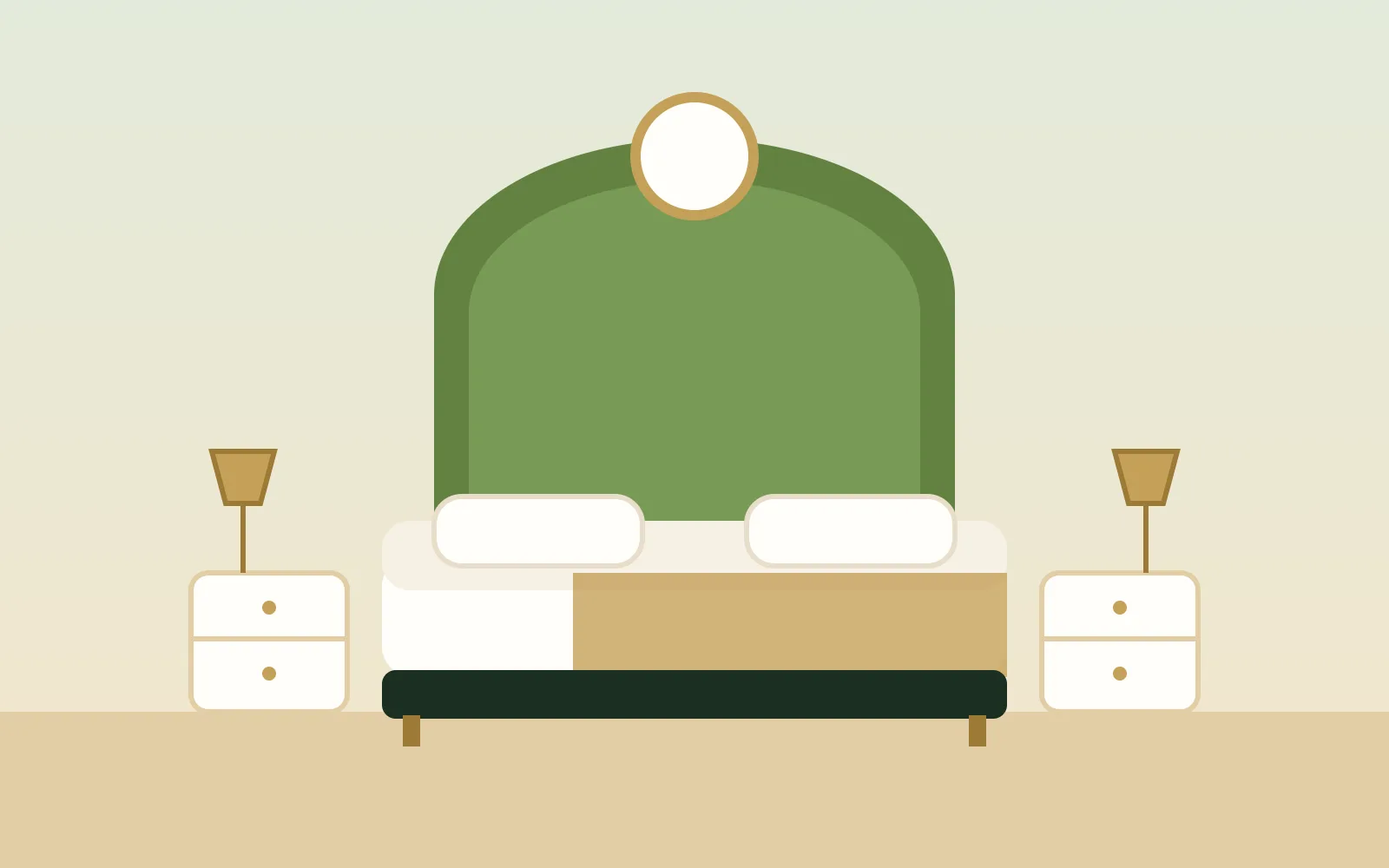 Ilustracja sypialni z tapicerowanym łóżkiem i szafkami nocnymi